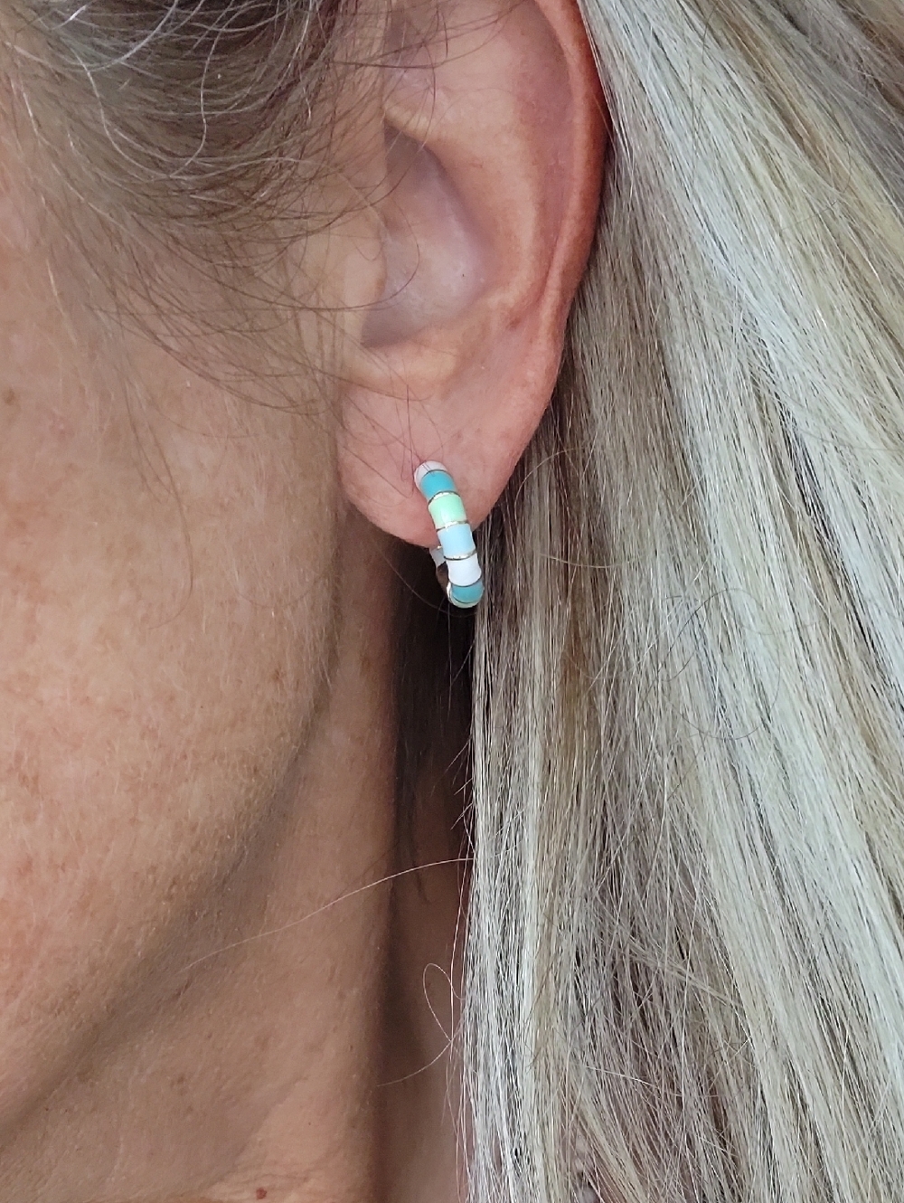 π₯LAST PAIRπ₯ Gold Huggie Hoop Earrings with Turquoise, Mint and White Enamel - Picture 2 of 6